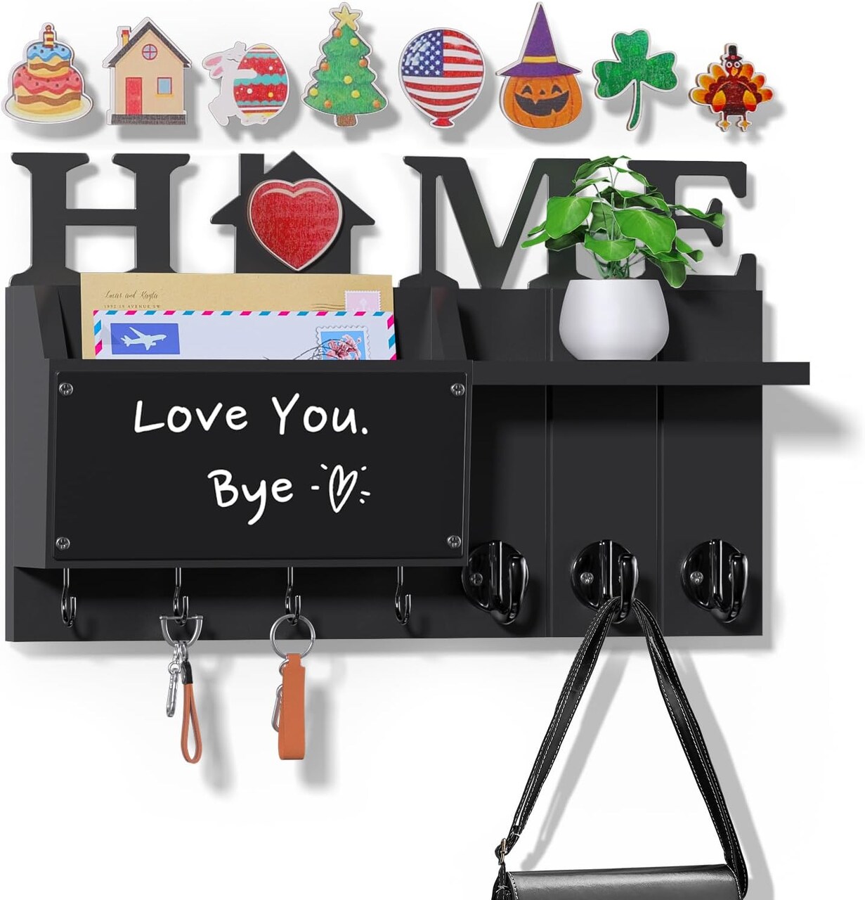 Key Holder Wall Mount Decorative - Hanging Mail Organizer for Wall with Message Center - Wood Key Shelf Rack with 7 Hooks for Dog Leash Wallet - Modern Keys Hanger for Entryway Home Decor Black
